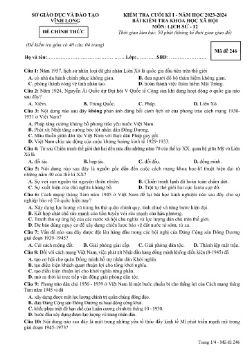 Đề kiểm tra cuối kì I môn Lịch sử Lớp 12 - Mã đề: 246 - Năm học 2023-2024 - SGD&ĐT Vĩnh Long (Có đáp án)