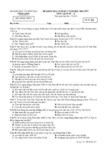 Đề kiểm tra cuối kì I môn Lịch sử Lớp 12 - Mã đề: 261 - Năm học 2022-2023 - SGD&ĐT Vĩnh Long (Có đáp án)