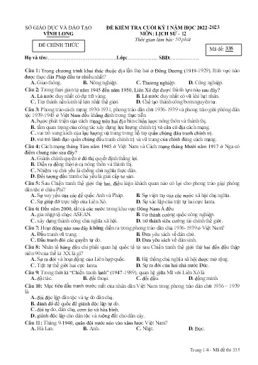 Đề kiểm tra cuối kì I môn Lịch sử Lớp 12 - Mã đề: 335 - Năm học 2022-2023 - SGD&ĐT Vĩnh Long (Có đáp án)