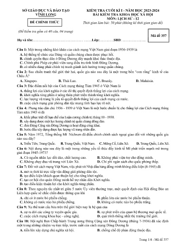 Đề kiểm tra cuối kì I môn Lịch sử Lớp 12 - Mã đề: 357 - Năm học 2023-2024 - SGD&ĐT Vĩnh Long (Có đáp án)