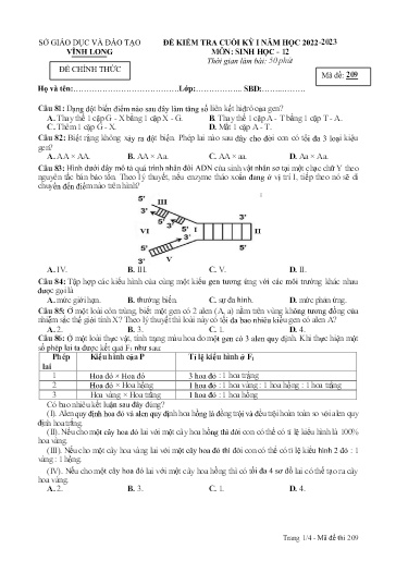 Đề kiểm tra cuối kì I môn Sinh học Lớp 12 - Mã đề: 209 - Năm học 2022-2023 - SGD&ĐT Vĩnh Long (Có đáp án)