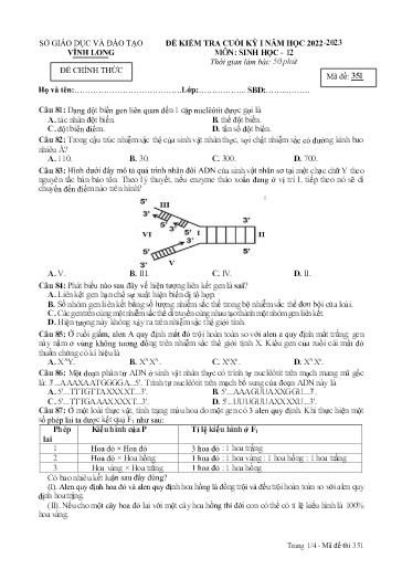 Đề kiểm tra cuối kì I môn Sinh học Lớp 12 - Mã đề: 351 - Năm học 2022-2023 - SGD&ĐT Vĩnh Long (Có đáp án)