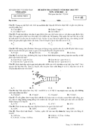 Đề kiểm tra cuối kì I môn Sinh học Lớp 12 - Mã đề: 485 - Năm học 2022-2023 - SGD&ĐT Vĩnh Long (Có đáp án)