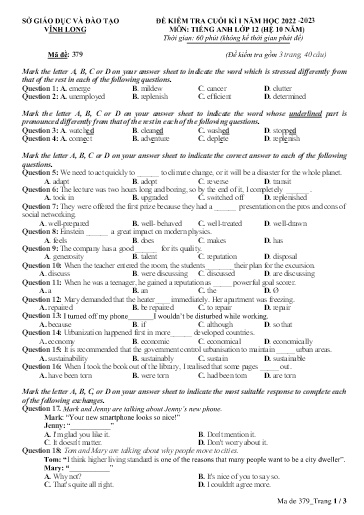 Đề kiểm tra cuối kì I môn Tiếng Anh Lớp 12 (Hệ 10 năm) - Mã đề: 379 - Năm học 2022-2023 - SGD&ĐT Vĩnh Long (Có đáp án)