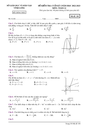 Đề kiểm tra cuối kì I môn Toán Lớp 12 - Mã đề: 101 - Năm học 2022-2023 - SGD&ĐT Vĩnh Long (Có đáp án)
