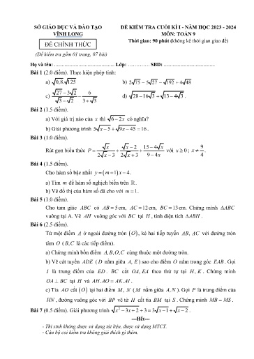 Đề kiểm tra cuối kì I môn Toán Lớp 9 - Năm học 2023-2024 - SGD&ĐT Vĩnh Long (Có đáp án)