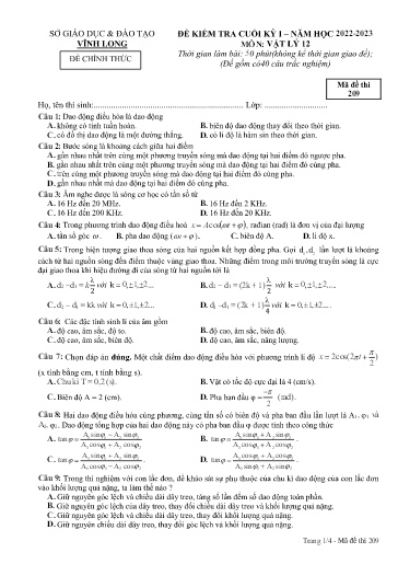 Đề kiểm tra cuối kì I môn Vật lý Lớp 12 - Mã đề: 209 - Năm học 2022-2023 - SGD&ĐT Vĩnh Long (Có đáp án)
