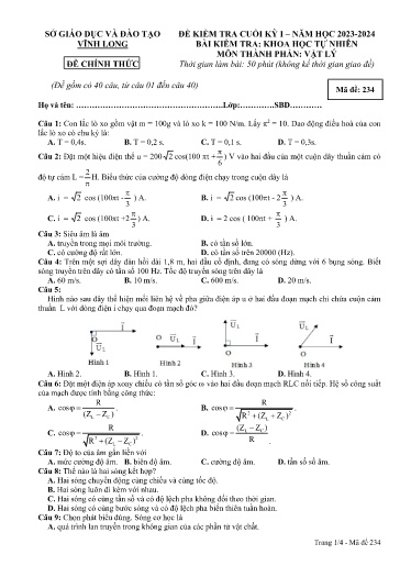 Đề kiểm tra cuối kì I môn Vật lý Lớp 12 - Mã đề: 234 - Năm học 2023-2024 - SGD&ĐT Vĩnh Long (Có đáp án)