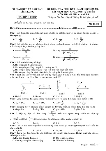 Đề kiểm tra cuối kì I môn Vật lý Lớp 12 - Mã đề: 345 - Năm học 2023-2024 - SGD&ĐT Vĩnh Long (Có đáp án)
