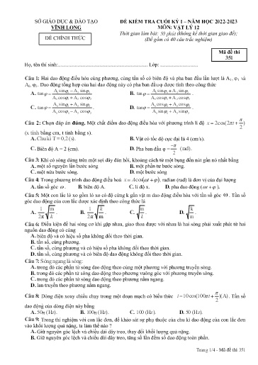 Đề kiểm tra cuối kì I môn Vật lý Lớp 12 - Mã đề: 351 - Năm học 2022-2023 - SGD&ĐT Vĩnh Long (Có đáp án)
