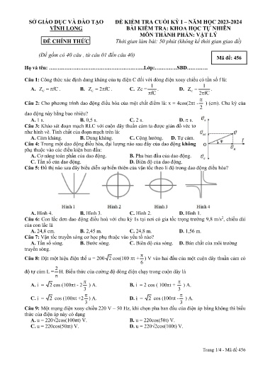Đề kiểm tra cuối kì I môn Vật lý Lớp 12 - Mã đề: 456 - Năm học 2023-2024 - SGD&ĐT Vĩnh Long (Có đáp án)