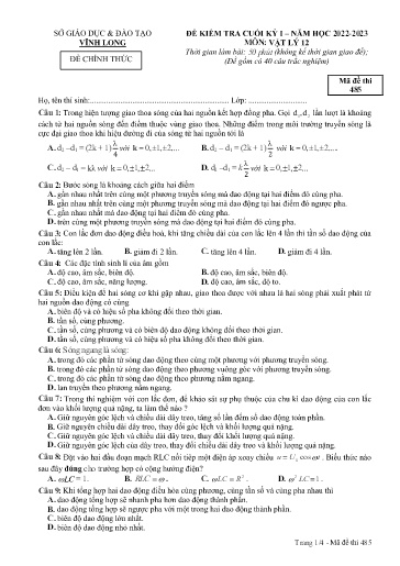 Đề kiểm tra cuối kì I môn Vật lý Lớp 12 - Mã đề: 485 - Năm học 2022-2023 - SGD&ĐT Vĩnh Long (Có đáp án)