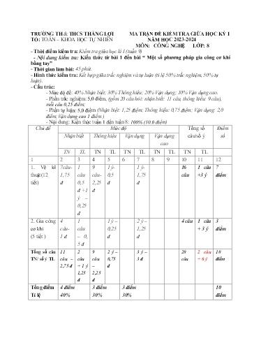 Đề kiểm tra giữa học kì I môn Công nghệ Lớp 8 - Năm 2023-2024 - Trường TH&THCS Thắng Lợi (Có ma trận đề + đáp án)