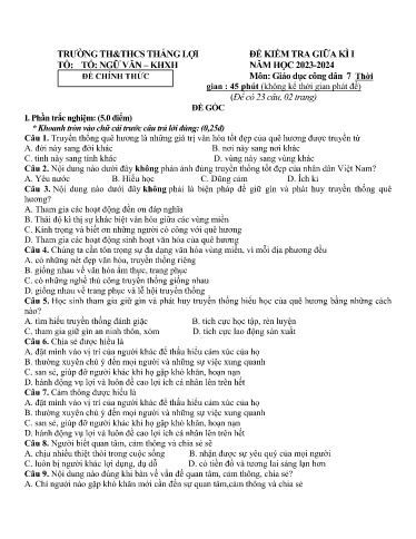 Đề kiểm tra giữa học kì I môn GDCD Lớp 7 - Năm 2023-2024 - Trường TH&THCS Thắng Lợi (Có ma trận đề + đáp án)