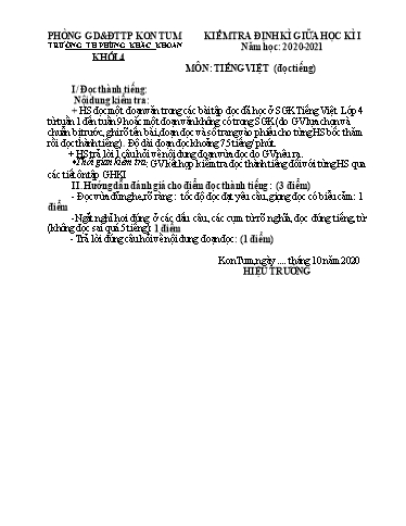 Đề kiểm tra giữa học kì I môn Tiếng Việt Lớp 4 - Trường Tiểu học Phùng Khắc Khoan - Năm học 2020-2021 (Có ma trận đề + đáp án)