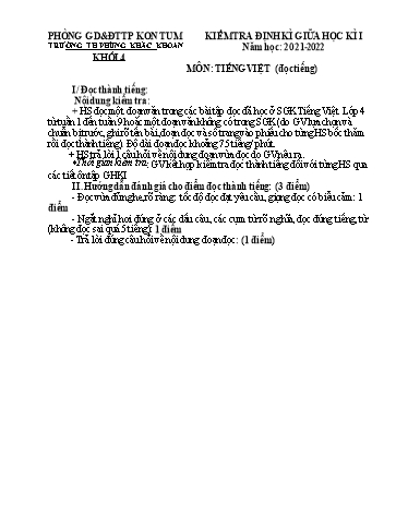 Đề kiểm tra giữa học kì I Tiếng Việt Lớp 4 - Trường Tiểu học Phùng Khắc Khoan - Năm học 2021-2022 (Có ma trận đề + đáp án)
