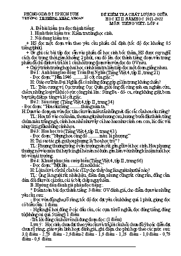 Đề kiểm tra giữa học kì II Tiếng Việt Lớp 4 - Trường Tiểu học Phùng Khắc Khoan - Năm học 2021-2022 (Có ma trận đề + đáp án)
