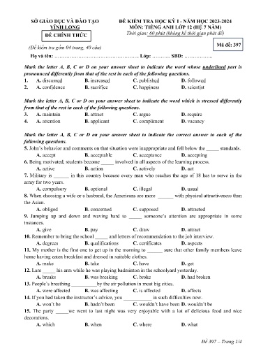 Đề kiểm tra học kì I môn Tiếng Anh Lớp 12 (Hệ 7 năm) - Mã đề: 397 - Năm học 2023-2024 - SGD&ĐT Vĩnh Long (Có đáp án)