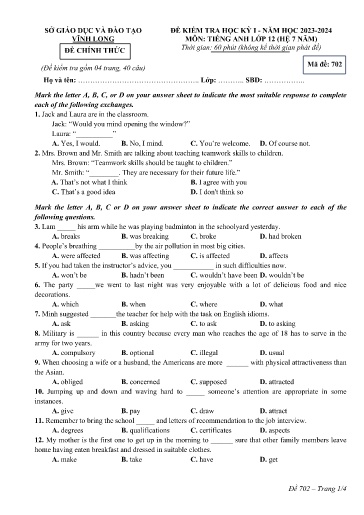 Đề kiểm tra học kì I môn Tiếng Anh Lớp 12 (Hệ 7 năm) - Mã đề: 702 - Năm học 2023-2024 - SGD&ĐT Vĩnh Long (Có đáp án)