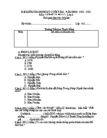 Đề kiểm tra học kì II môn Lịch sử & Địa lí Lớp 4 (Đề 4) - Năm học: 2021-2022 (Có đáp án)