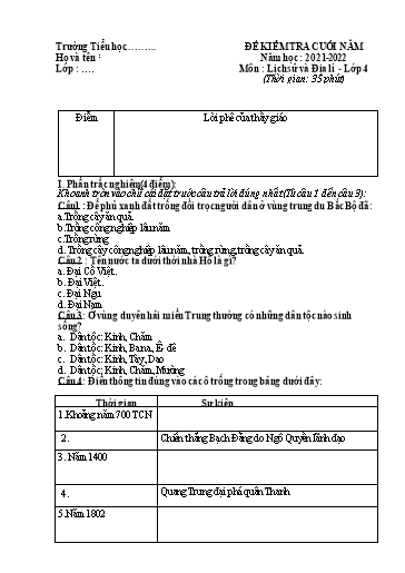 Đề kiểm tra học kì II môn Lịch sử & Địa lí Lớp 4 (Đề 5) - Năm học: 2021-2022 (Có đáp án)