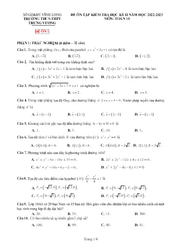 Đề kiểm tra học kì II môn Toán Lớp 10 - Năm học 2022-2023