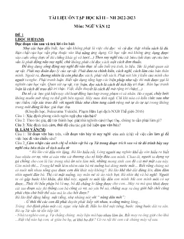 Đề ôn tập học kì II môn Ngữ Văn Lớp 12 - Năm học 2022-2023