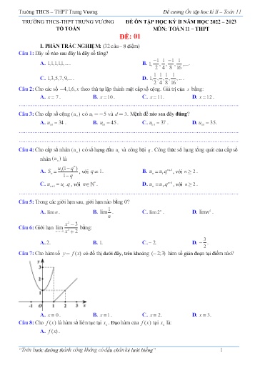 Đề ôn tập học kì II môn Toán Lớp 11 - Năm học 2022-2023 - Trường THCS&THPT Trưng Vương