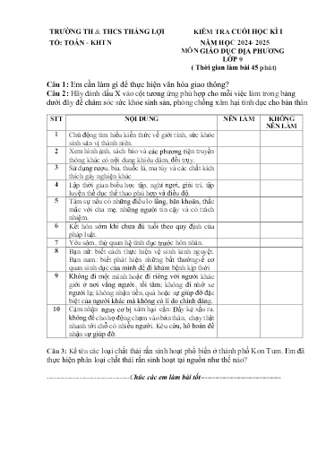 Đề thi cuối học kì I môn Giáo dục địa phương Lớp 9 - Năm học 2024-2025 - Trường TH&THCS Thắng Lợi (Có đáp án)