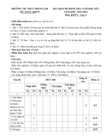 Đề thi cuối học kì I môn Khoa học tự nhiên Lớp 6 - Năm học 2023-2024 - Trường TH&THCS Thắng Lợi (Có ma trận đề + đáp án)
