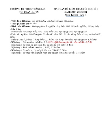 Đề thi cuối học kì I môn Khoa học tự nhiên Lớp 7 - Năm học 2023-2024 - Trường TH&THCS Thắng Lợi (Có ma trận đề + đáp án)