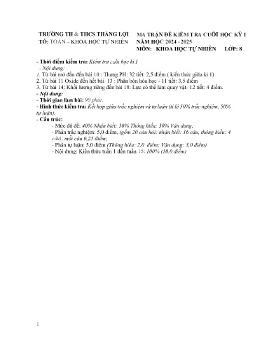 Đề thi cuối học kì I môn Khoa học tự nhiên Lớp 8 - Năm học 2024-2025 - Trường TH&THCS Thắng Lợi (Có đáp án + ma trận đề)