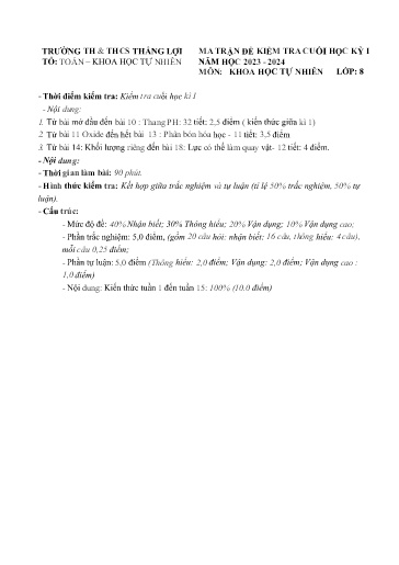 Đề thi cuối học kì I môn Khoa học tự nhiên Lớp 8 - Năm học 2023-2024 - Trường TH&THCS Thắng Lợi (Có ma trận đề + đáp án)