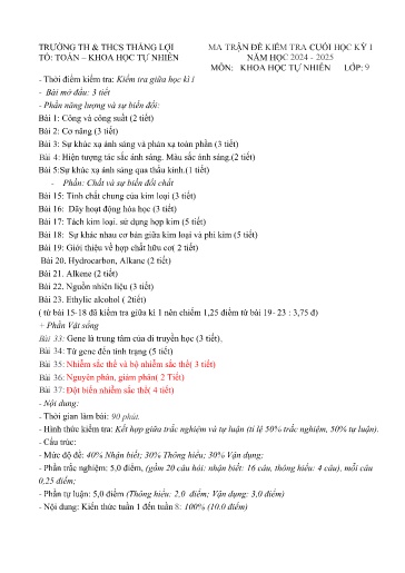 Đề thi cuối học kì I môn Khoa học tự nhiên Lớp 9 - Năm học 2024-2025 - Trường TH&THCS Thắng Lợi (Có đáp án + ma trận đề)
