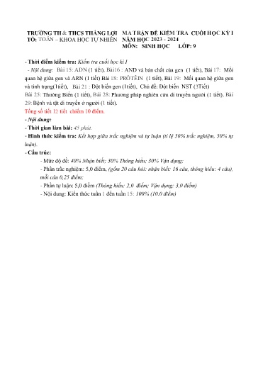 Đề thi cuối học kì I môn Sinh học Lớp 9 - Năm học 2023-2024 - Trường TH&THCS Thắng Lợi (Có ma trận đề + đáp án)