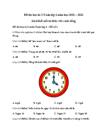 Đề thi học kì I môn Toán Lớp 1 Sách KNTT với cuộc sống - Năm học: 2021-2022 (Có đáp án)