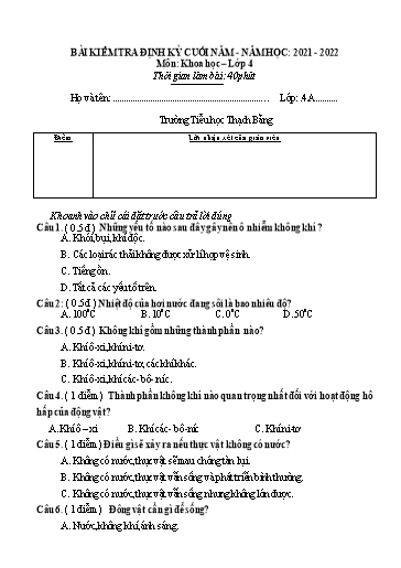 Đề thi học kì II môn Khoa học Lớp 4 - Năm học: 2021-2022 - Đề 5 (Có đáp án)