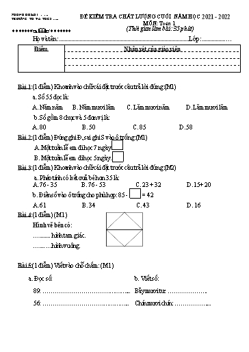 Đề thi học kỳ II môn Toán Lớp 1 sách Cánh diều - Năm học: 2021-2022 (Có đáp án)