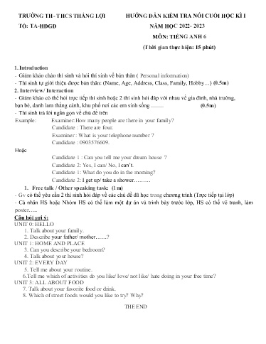 Hướng dẫn kiểm tra cuối học kì I môn Tiếng Anh Lớp 6, 7, 8, 9 (Nói) - Năm học 2022-2023 - Trường TH&THCS Thắng Lợi