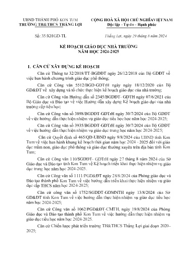 Kế hoạch giáo dục nhà trường - Năm 2024-2025 - Trường TH&THCS Thắng Lợi