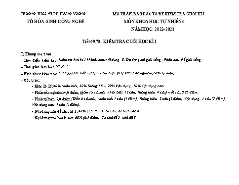 Ma trận + Bảng đặc tả Đề kiểm tra cuối kì I môn Khoa học tự nhiên Lớp 6 - Năm học 2023-2024 - Trường THCS&THPT Trưng Vương