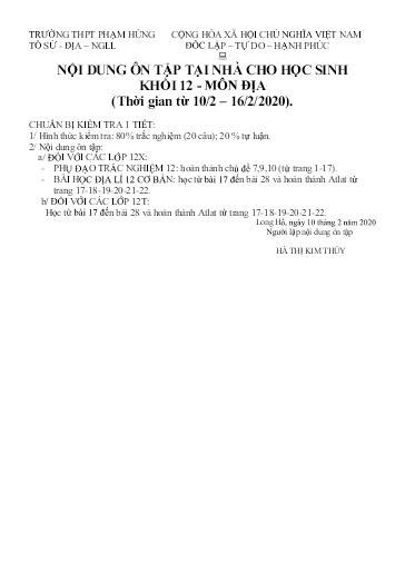 Nội dung ôn tập tại nhà môn Địa lí Lớp 12 - Trường THPT Phạm Hùng