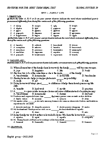 Tài liệu ôn tập cuối học kì I môn Tiếng Anh Lớp 10 - Global Success