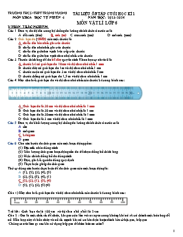 Tài liệu ôn tập cuối học kì I môn Vật lí Lớp 6 - Năm học 2023-2024 - Trường THCS&THPT Trưng Vương (Có đáp án)