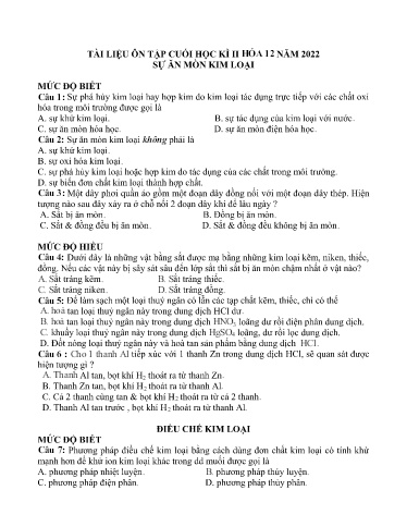 Tài liệu ôn tập cuối học kì II môn Hóa học Lớp 12 - Năm 2022