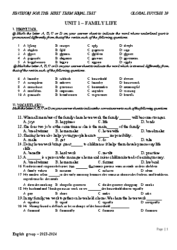 Tài liệu ôn tập cuối kì I môn Tiếng Anh Lớp 10 (Global Success) - Năm học 2023-2024
