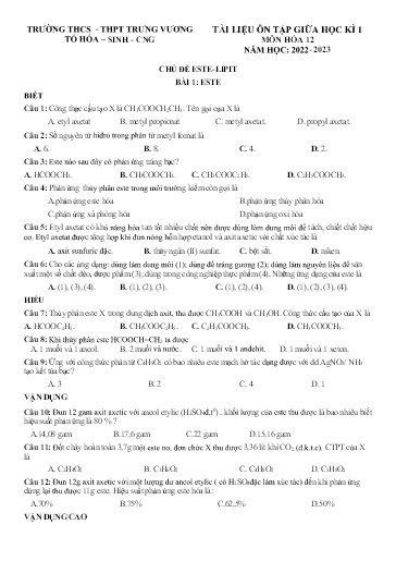 Tài liệu ôn tập giữa học kì I môn Hóa học Lớp 12 - Năm học 2022-2023 - Trường THCS&THPT Trưng Vương