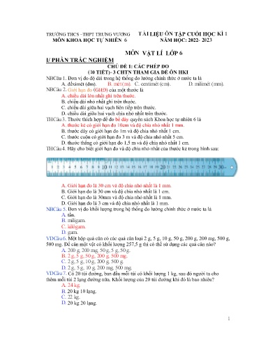 Tài liệu ôn tập học kì I môn Khoa học tự nhiên Lớp 6 - Năm học 2022-2023 - Trường THCS&THPT Trương Vương (Có đáp án)