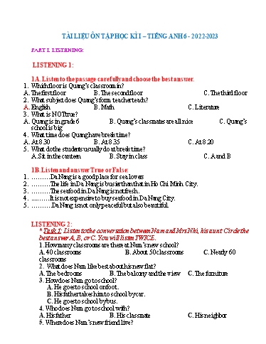 Tài liệu ôn tập học kì I môn Tiếng Anh Lớp 6 - Năm học 2022-2023