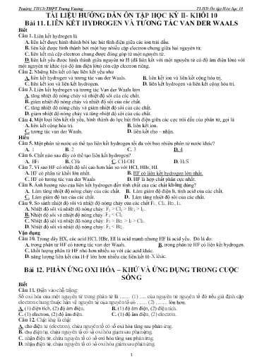 Tài liệu ôn tập học kì II môn Hóa học Lớp 10 - Trường THCS&THPT Trưng Vương